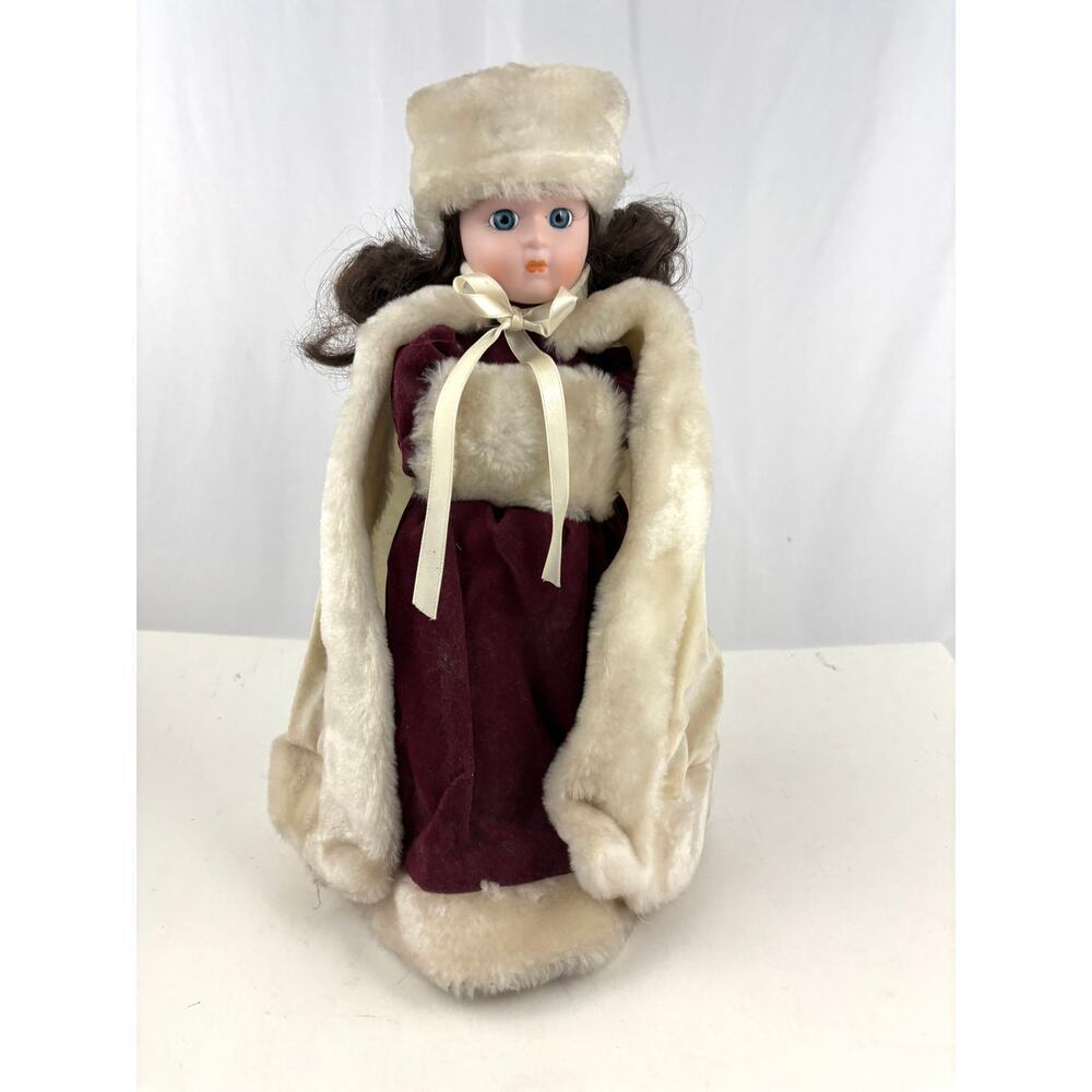 Vintage Porcelain Doll in Red Dress and Hat 15” Winter Holiday With Stand